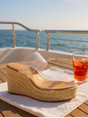 Slip On Clear Strap Espadrille Wedge Sandal Mule - Tan Beige SZ 10 M